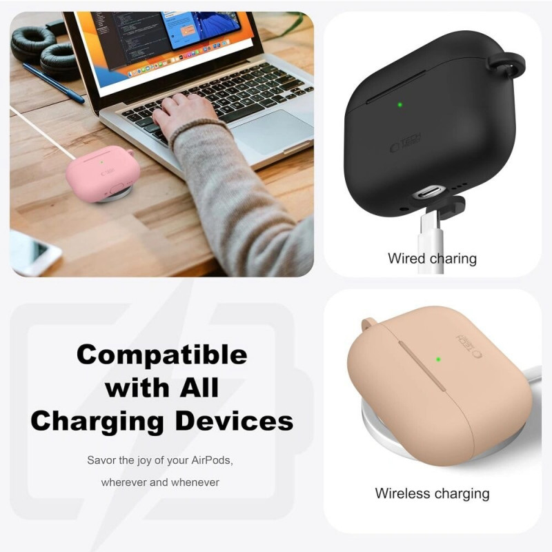 Tech-Protect Silicone Hook -silikonikuori Apple AirPods Pro 3 -kuulokkeille, liitukivenharmaa