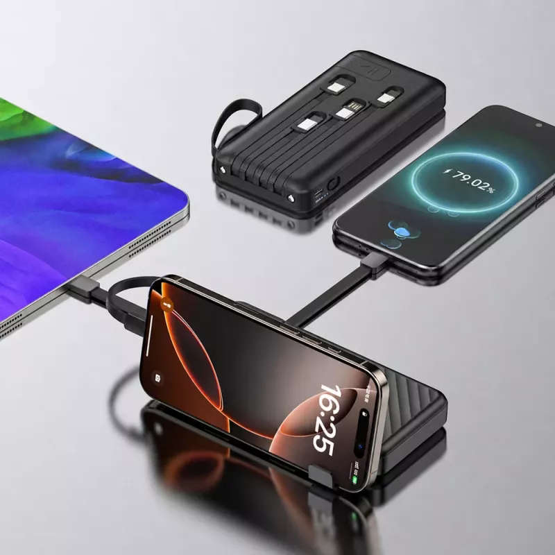 Wozinsky W11-B 10000mAh 10W varavirtalähde sisäänrakennetuilla kaapeleilla ja taskulampulla, musta
