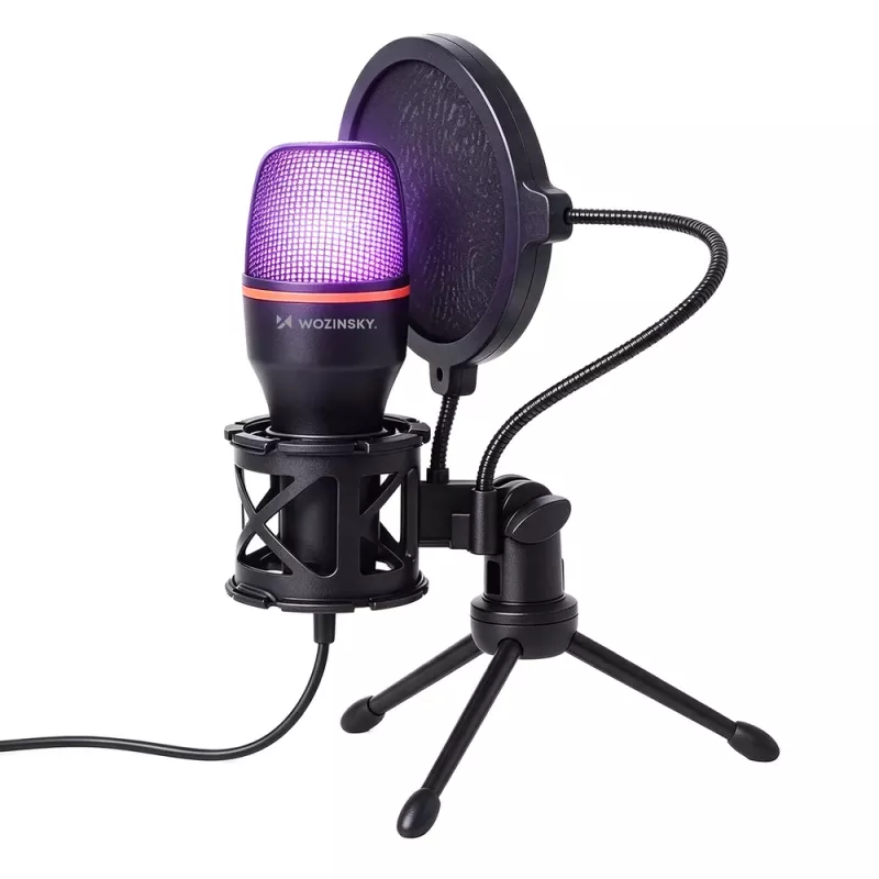 Wozinsky WM-W111 langallinen studiomikrofoni jalustalla ja RGB-taustavalolla pelaamiseen, musta