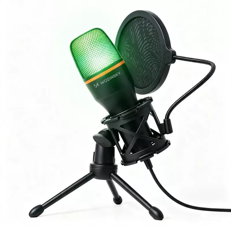 Wozinsky WM-W111 langallinen studiomikrofoni jalustalla ja RGB-taustavalolla pelaamiseen, musta