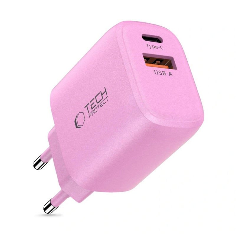 Tech-Protect NCA30 USB-A, USB-C verkkolaturi PD 30W / QC3.0 vaaleanpunainen