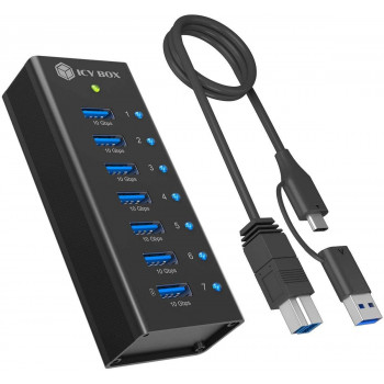 ICY BOX IB-AC618a 7-porttinen USB 3.2 Gen 2 -keskitin, alumiini, 12 V