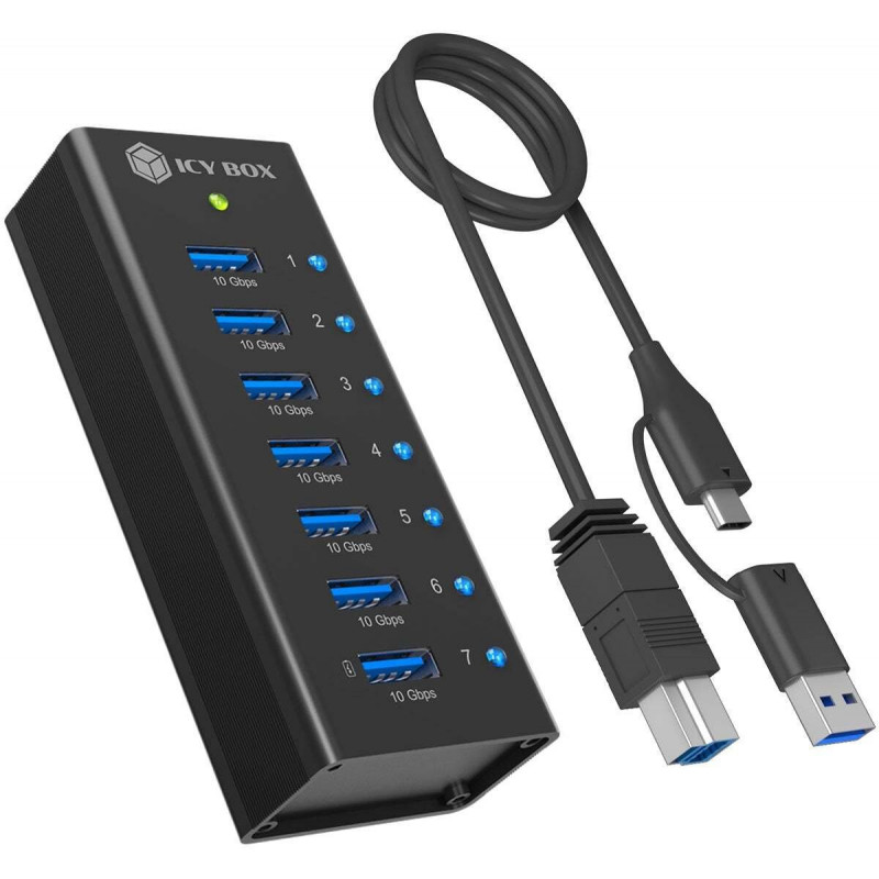 ICY BOX IB-AC618a 7-porttinen USB 3.2 Gen 2 -keskitin, alumiini, 12 V
