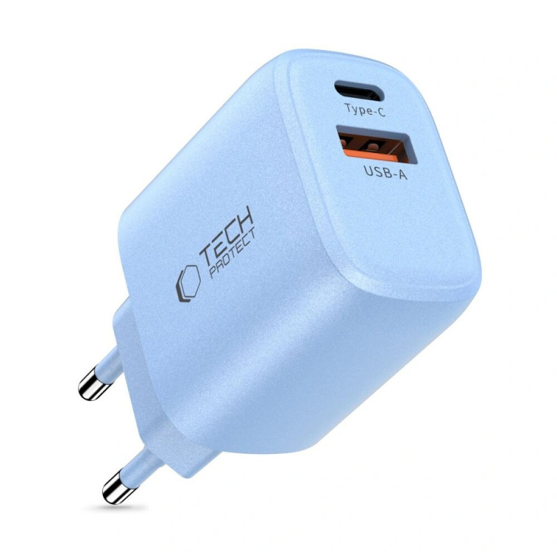 Tech-Protect NCA20 USB-A, USB-C -verkkolaturi PD 20W / QC3.0 baby blue