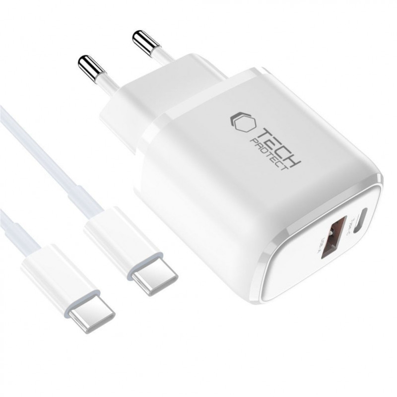 Tech-Protect NCA20 USB-A / USB-C seinälaturi PD 20W / QC3.0 USB-C / USB-C -kaapelilla 100 cm, valkoinen