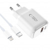 Tech-Protect NCA20 USB-A / USB-C seinälaturi PD 20W / QC3.0 USB-C / Lightning-kaapelilla 100 cm, valkoinen