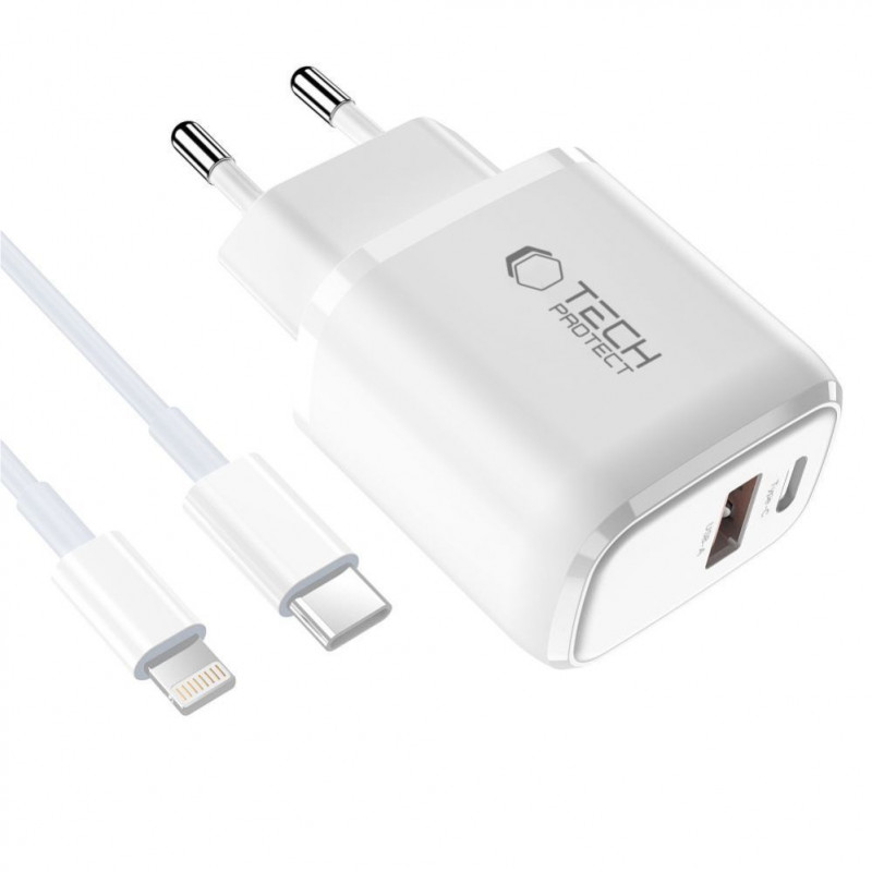 Tech-Protect NCA20 USB-A / USB-C seinälaturi PD 20W / QC3.0 USB-C / Lightning-kaapelilla 100 cm, valkoinen