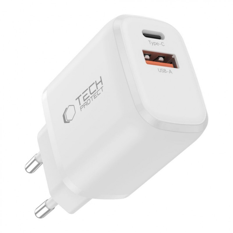 Tech-Protect NCA20 USB-A / USB-C seinälaturi PD 20W / QC3.0 USB-C / Lightning-kaapelilla 100 cm, valkoinen