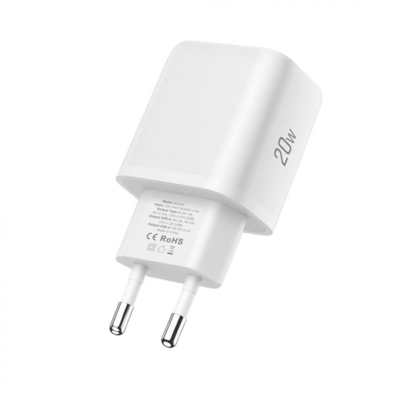 Tech-Protect NCA20 USB-A / USB-C seinälaturi PD 20W / QC3.0 USB-C / Lightning-kaapelilla 100 cm, valkoinen
