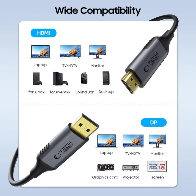 Tech-Protect UltraBoost DisplayPort / HDMI 2.0 -kaapeli, 4K 60 Hz, 200 cm, musta