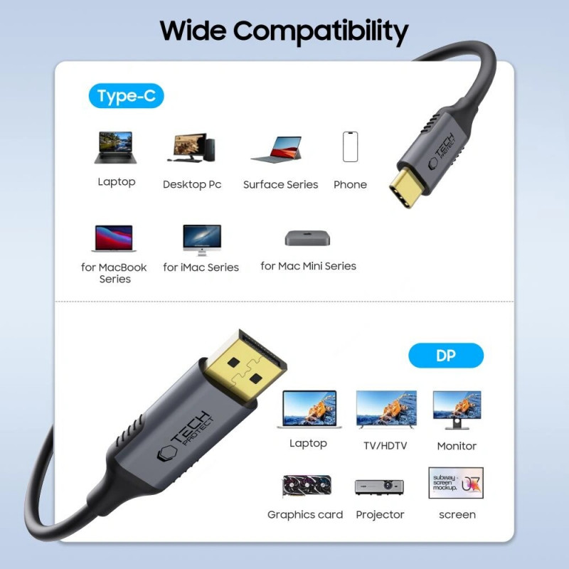 Tech-Protect UltraBoost USB-C - DisplayPort 1.4 -kaapeli, 8K 60Hz, 180 cm, musta