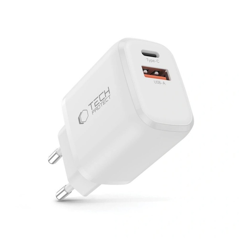 Tech-Protect NCA30 USB-A, USB-C seinälaturi PD 30W / QC3.0, valkoinen