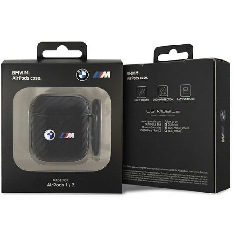 BMW BMA2WMPUCA2 Carbon Double Metal Logo -suojakotelo Apple AirPods 1/2 -kuulokkeille, musta