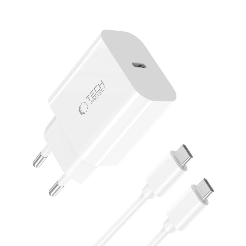 Tech-Protect NC20W 1-portainen USB-C-seinälaturi PD20W USB-C / USB-C -kaapelilla, valkoinen