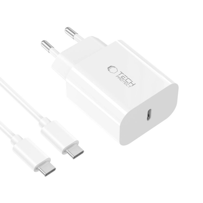 Tech-Protect NC20W 1-portainen USB-C-seinälaturi PD20W USB-C / USB-C -kaapelilla, valkoinen