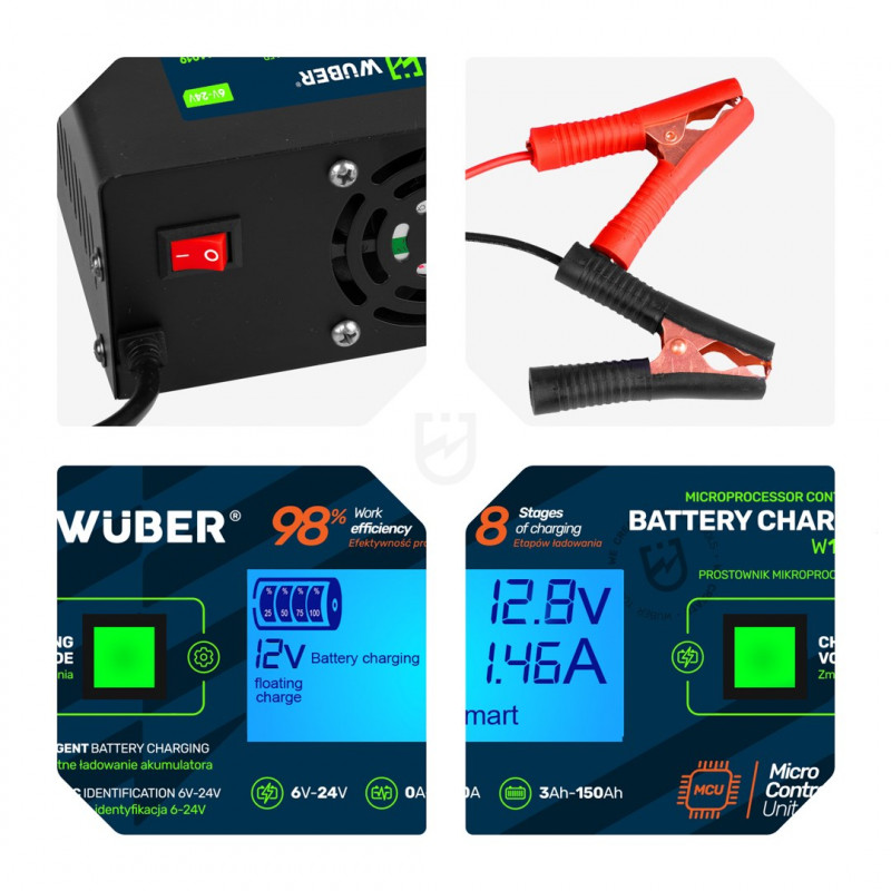 Wuber W14019 mikroprosessoriohjattu akkulaturi, 6/8/12/14/16/24 V, 10 A