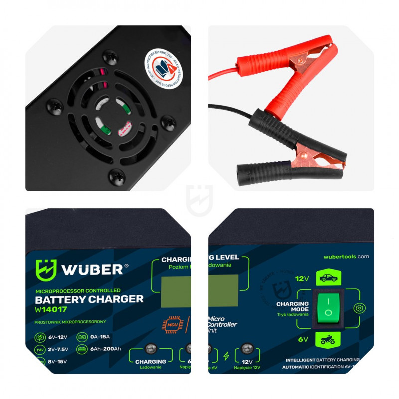 Wuber W14017 mikroprosessoriohjattu akkulaturi, 6-12 V, 15 A