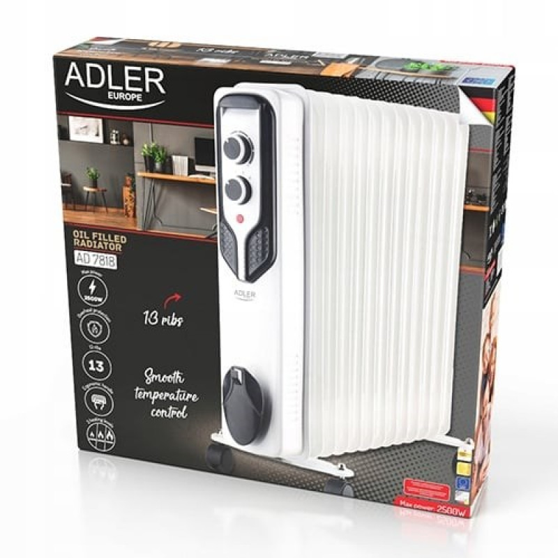 Adler AD 7818 öljytäytteinen patteri, 2500 W, 3 tehotasoa, 13 ripaelementtiä, valkoinen