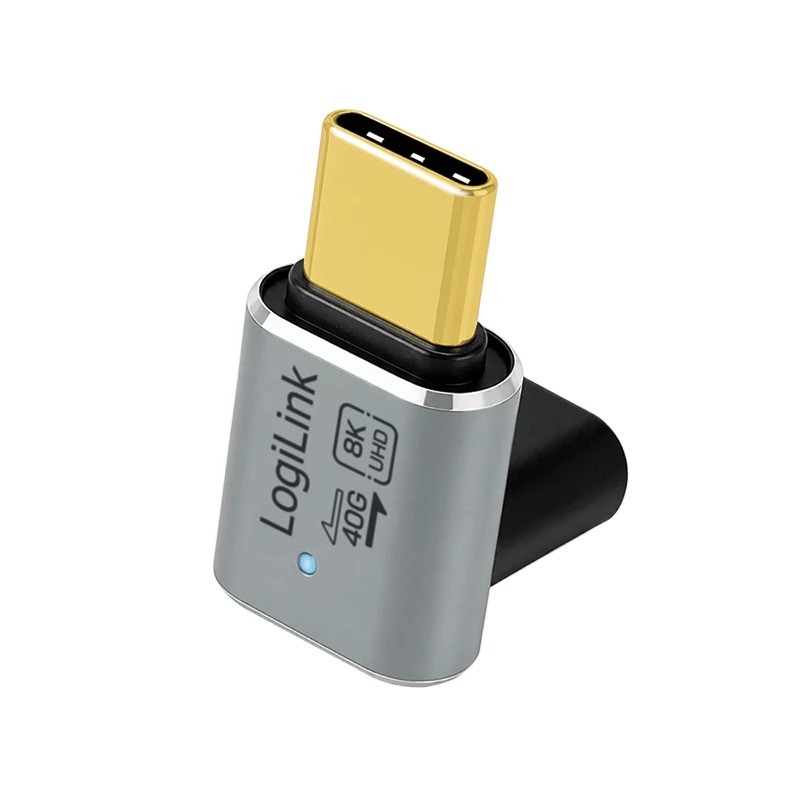 LogiLink AU0063 USB 4 Type-C -adapteri 90° U/D, C/M–C/F, 40 Gbps, 240 W, 8K/60 Hz, metalli, hopea