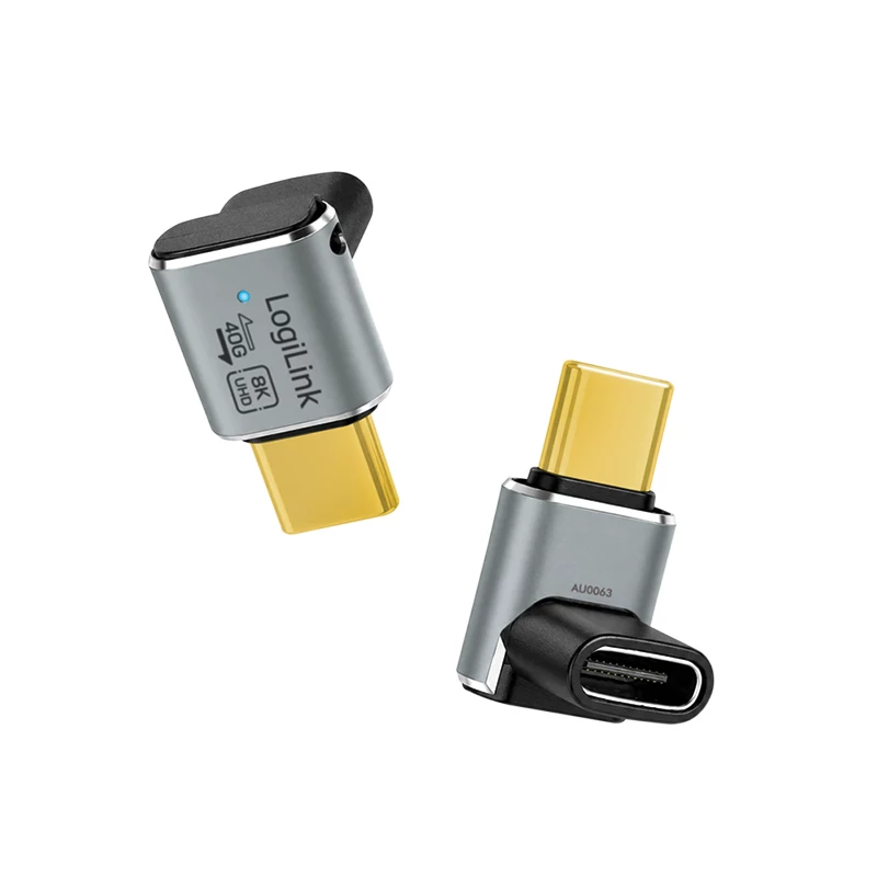 LogiLink AU0063 USB 4 Type-C -adapteri 90° U/D, C/M–C/F, 40 Gbps, 240 W, 8K/60 Hz, metalli, hopea