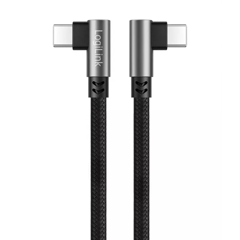 LogiLink CU0461 USB 2.0 Type-C -kaapeli, C/M 90° - C/M 90°, 480 Mbps, 100W, metalli, hopea/musta, 1 m