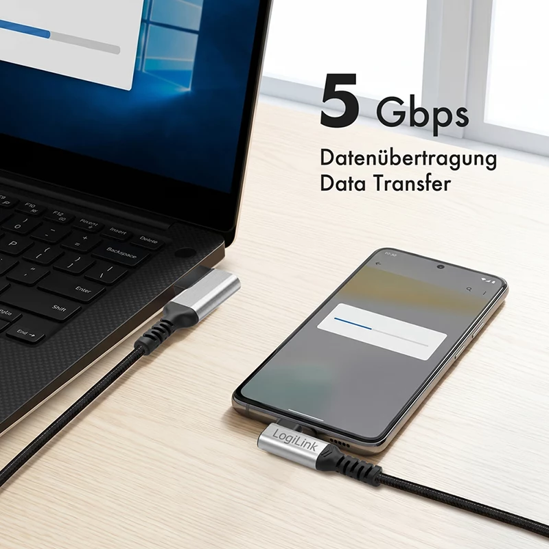 LogiLink CU0472 USB 3.2 Gen1 Type-C -kaapeli, A/M 90° - C/M 90°, 5 Gbps, 60W, metalli, hopea/musta, 1,5 m