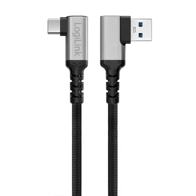 LogiLink CU0473 USB 3.2 Gen1 Type-C -kaapeli, A/M 90° - C/M 90°, 5 Gbps, 60 W, metalli, hopea/musta, 2 m