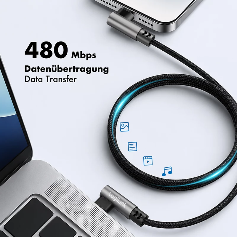LogiLink CU0463 USB 2.0 Type-C -kaapeli, C/M 90° - C/M 90°, 480 Mbps, 100W, metalli, hopea/musta, 3 m