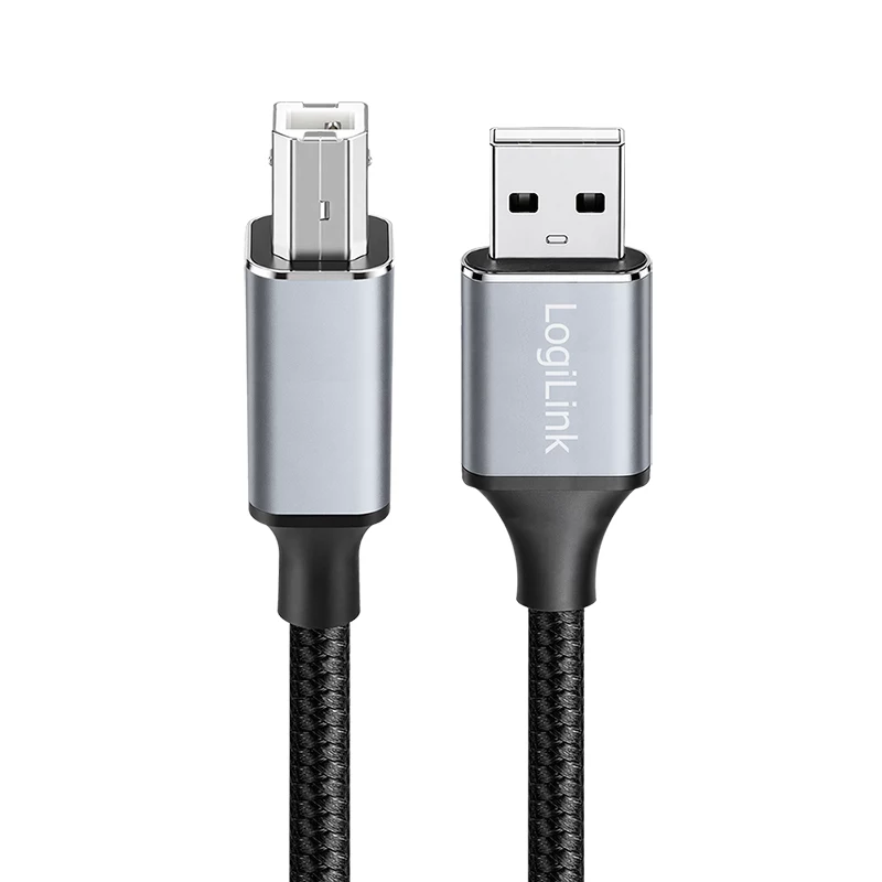 Logilink CU0107 USB 2.0 -kaapeli, USB-A/M–USB-B/M, 480 Mbps, nailon, metalli, musta/hopea, 2 m