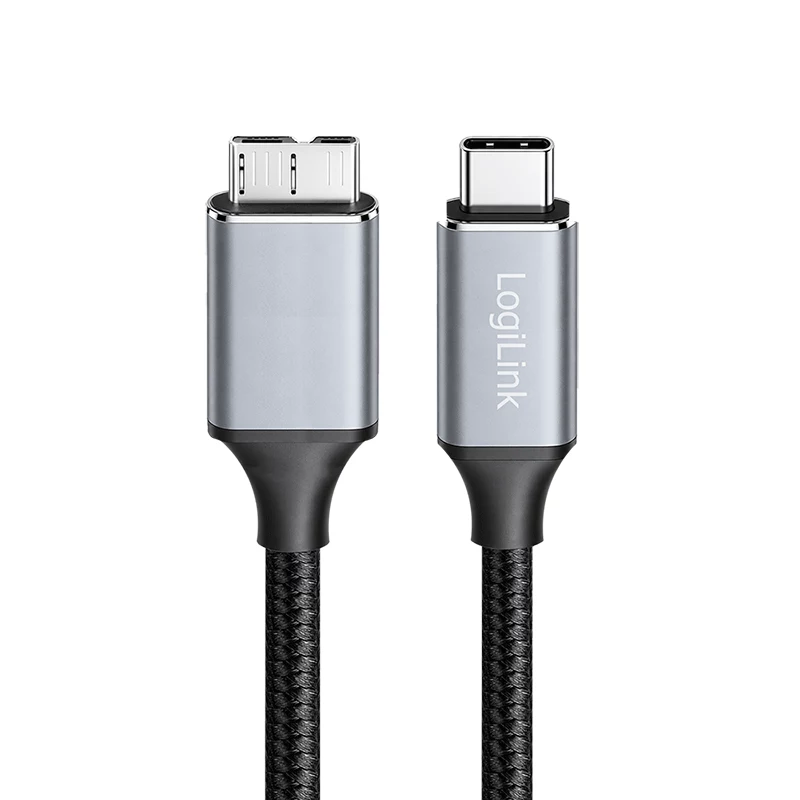 Logilink CU0198 USB 3.2 Gen1 Type-C -kaapeli, C/M–Micro-USB/M, 5 Gbps, nailon, metalli, musta/hopea, 1 m