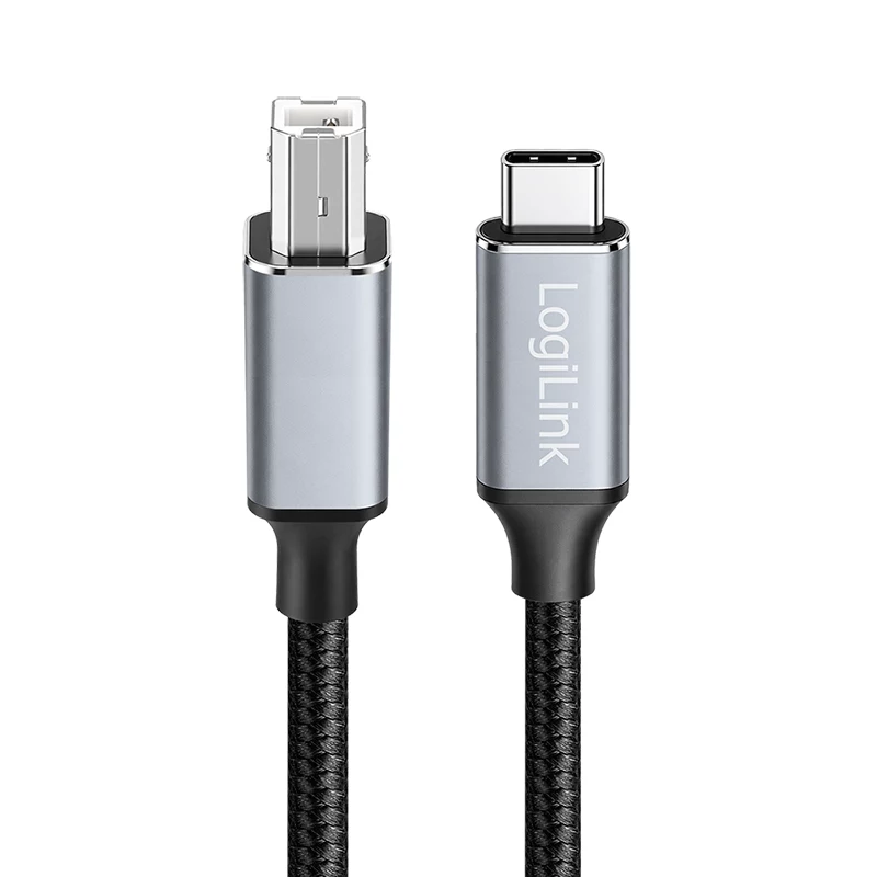Logilink CU0515 USB 2.0 Type-C -kaapeli, C/M–B/M, 480 Mbps, nailon, metalli, musta/hopea, 2 m