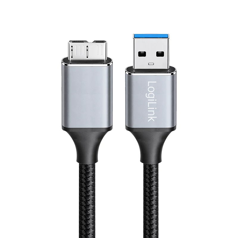 Logilink CU0290 USB 3.0 -kaapeli, A/M–Micro-USB/M, 5 Gbps, nailon, metalli, musta/hopea, 1 m
