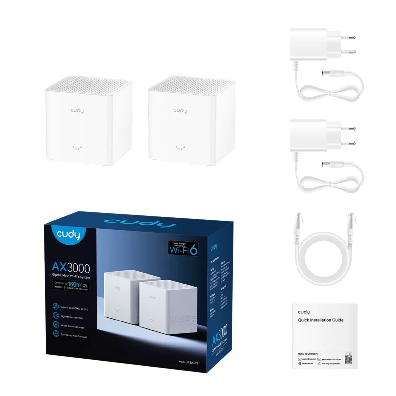 CUDY M3000S AX3000 Wi-Fi 6 -mesh-järjestelmä, 2 kpl:n pakkaus