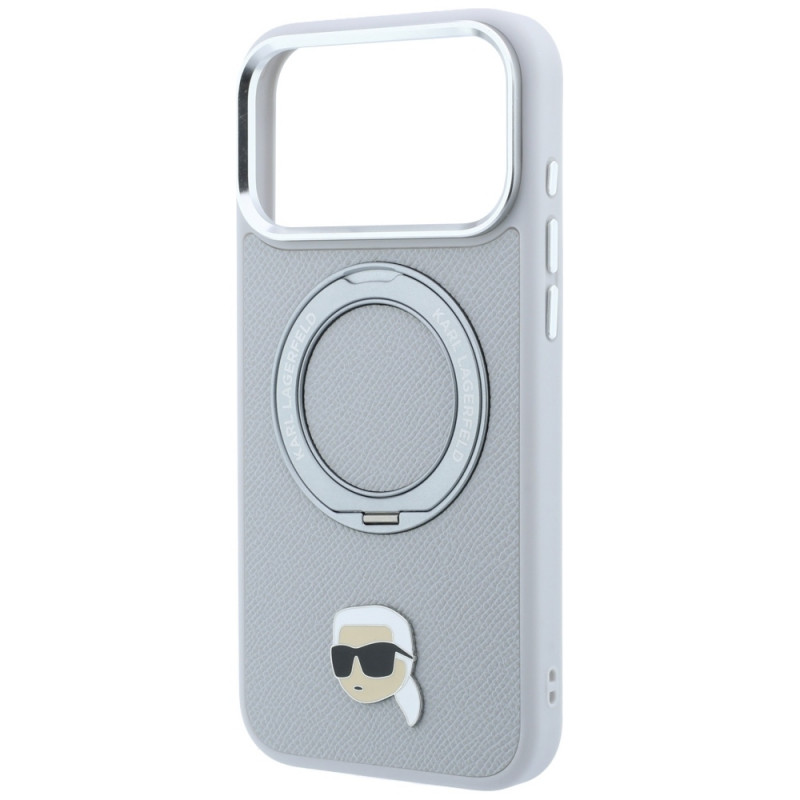 Karl Lagerfeld with Ring Stand 360 Karl Head Pin MagSafe suojakuori Apple iPhone 18 Pro Max / 17 Pro Max -puhelimelle, harmaa (KF003236)
