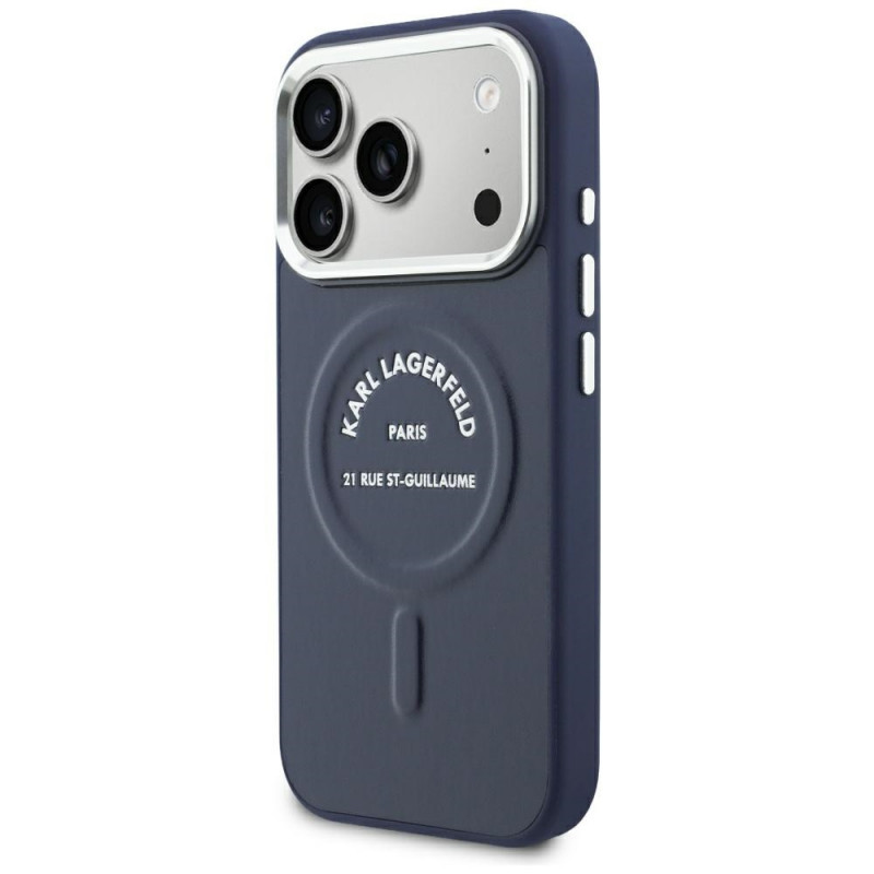 Karl Lagerfeld Embossed Open Ring RSG Logo MagSafe suojakuori Apple iPhone 18 Pro Max / 17 Pro Max -puhelimelle, sininen (KF003292-0)