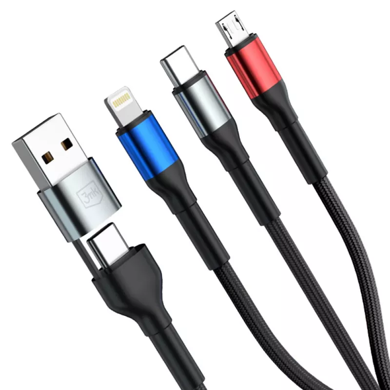 3MK Hyper Cable N-SERIES 6in1 USB-C / USB-A ja USB-C / MicroUSB / Lightning-kaapeli, QC 3.0, 18 W (9 V / 2 A), 1.2 m, musta