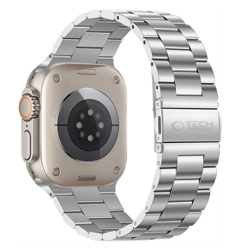 Tech-Protect Stainless ruostumattomasta teräksestä valmistettu ranneke malleille Apple Watch 8 / 9 / 10 / 11 / 12 / SE / Ultra (44 / 45 / 46 / 49 mm), hopea