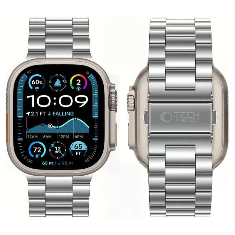 Tech-Protect Stainless ruostumattomasta teräksestä valmistettu ranneke malleille Apple Watch 8 / 9 / 10 / 11 / 12 / SE / Ultra (44 / 45 / 46 / 49 mm), hopea