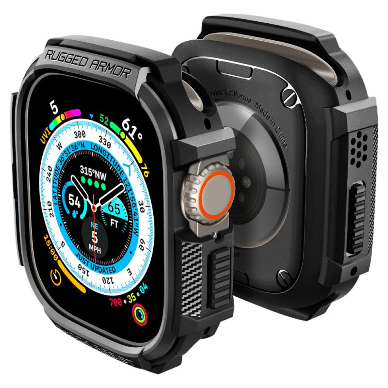 Spigen Rugged Armor -suojakuori Apple Watch Ultra 49 mm:lle, mattamusta