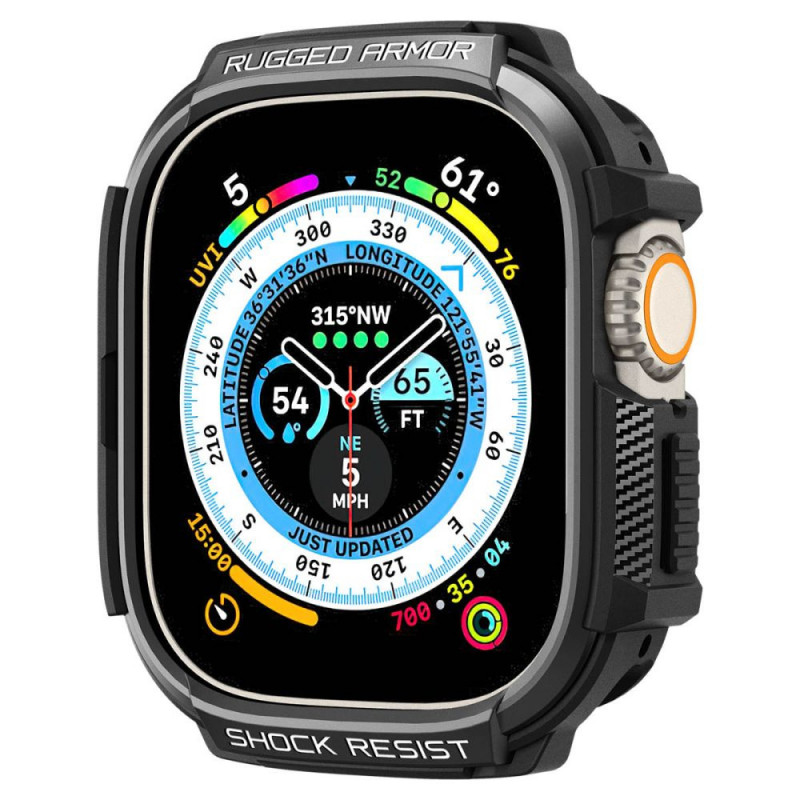 Spigen Rugged Armor -suojakuori Apple Watch Ultra 49 mm:lle, mattamusta