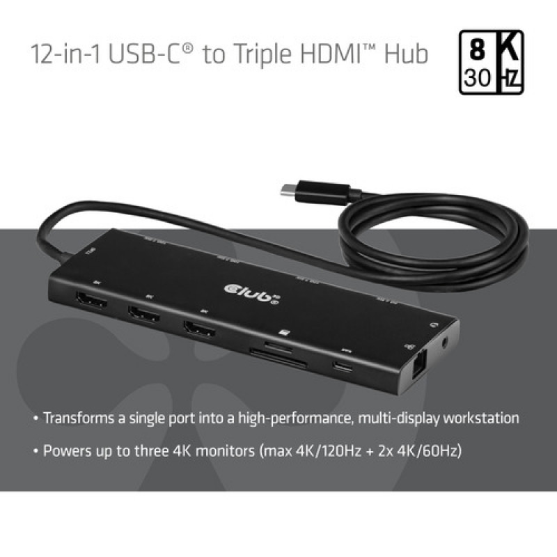 Club 3D CSV-2556 USB-C 12-in-1-keskitin, 3x HDMI/3x USB-C/USB/LAN, 8K30Hz, PD 140W