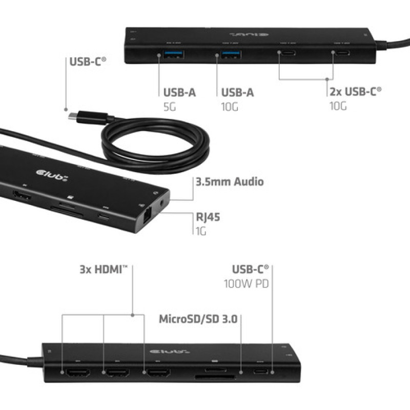 Club 3D CSV-2556 USB-C 12-in-1-keskitin, 3x HDMI/3x USB-C/USB/LAN, 8K30Hz, PD 140W