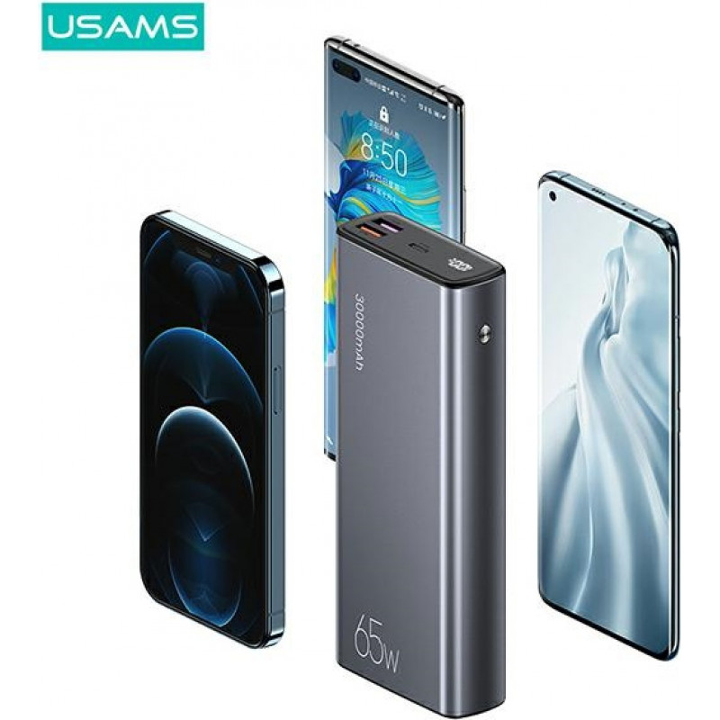USAMS PB59 US-CD165 varavirtalähde 30000 mAh, 65 W, 2x QC3.0 + PD, musta, USB-C–USB-C-kaapelilla