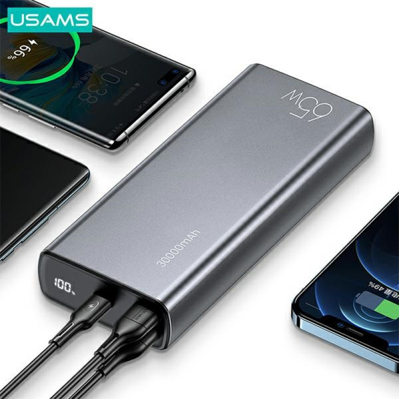 USAMS PB59 US-CD165 varavirtalähde 30000 mAh, 65 W, 2x QC3.0 + PD, musta, USB-C–USB-C-kaapelilla