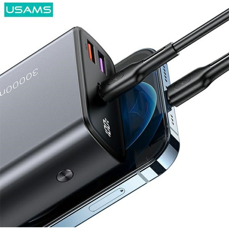 USAMS PB59 US-CD165 varavirtalähde 30000 mAh, 65 W, 2x QC3.0 + PD, musta, USB-C–USB-C-kaapelilla