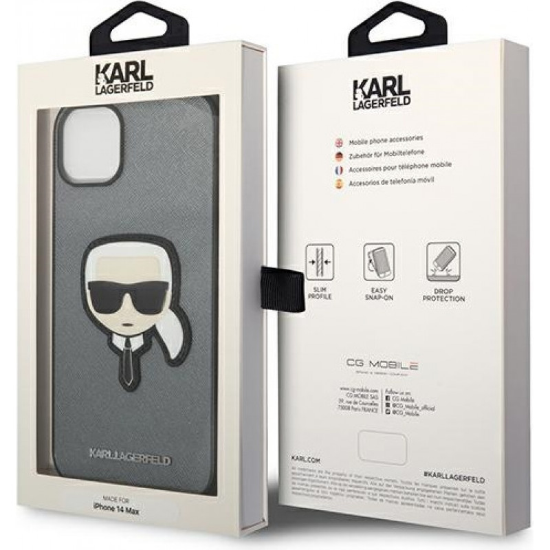 Karl Lagerfeld KLHCP14SSAPKHG Hardcase Apple iPhone 14 -puhelimelle, Saffiano Karl's Head Patch, hopea
