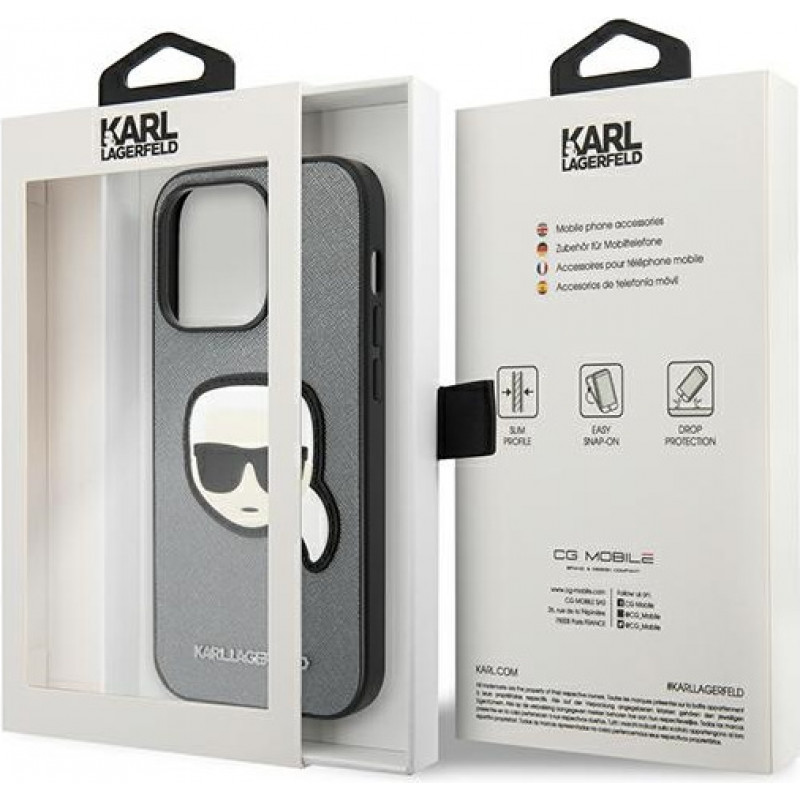 Karl Lagerfeld KLHCP14LSAPKHG Hardcase Apple iPhone 14 Pro -puhelimelle, Saffiano Karl's Head Patch, hopea