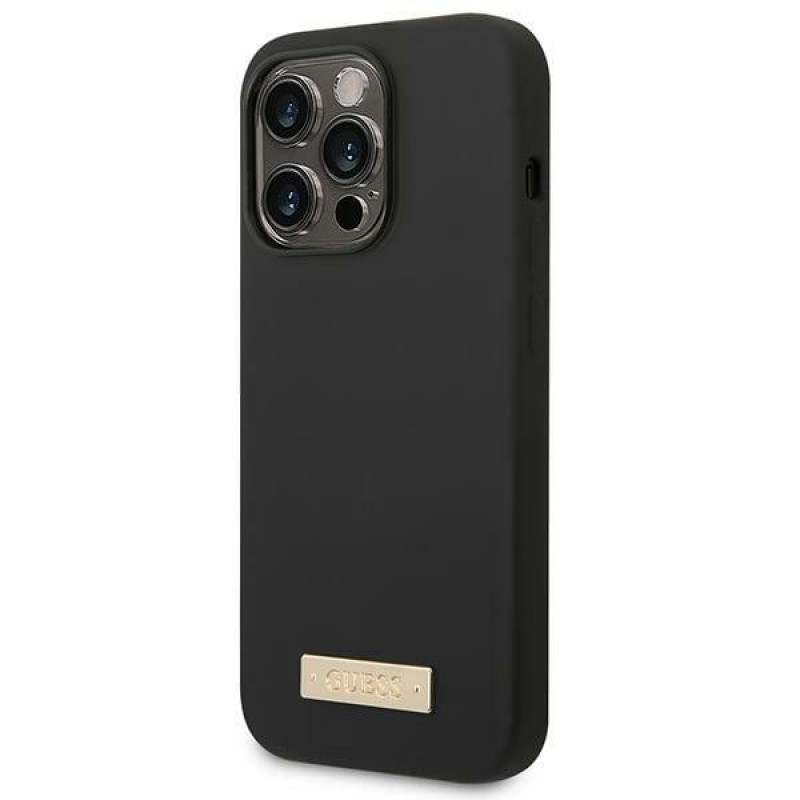 Guess GUHMP14XSBPLK Apple iPhone 14 Pro Max -kovakotelo, silikoni Logo Plate MagSafe, musta