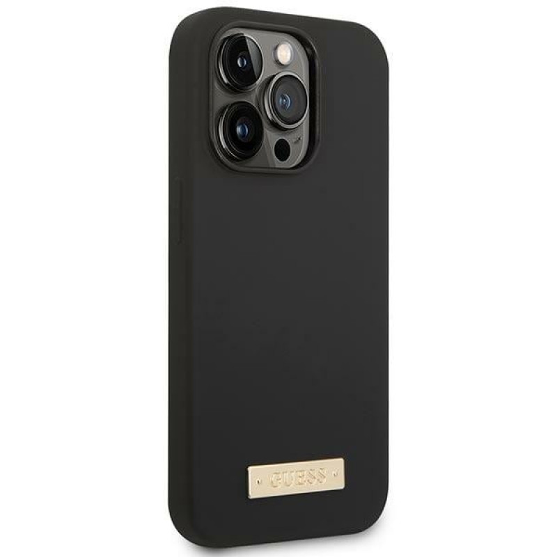 Guess GUHMP14XSBPLK Apple iPhone 14 Pro Max -kovakotelo, silikoni Logo Plate MagSafe, musta