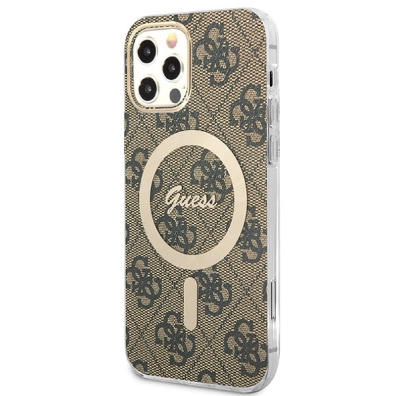 Guess GUBPP12MH4EACSW Kuori + langaton laturi Apple iPhone 12 / iPhone 12 Pro ruskea hardcase, 4G Print, MagSafe